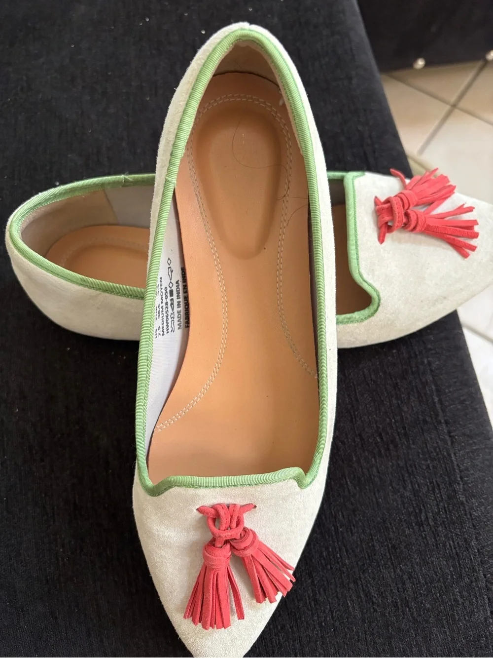 Hush Puppies Beige Suede Pointed Tassel Loafers with Pink Tassels